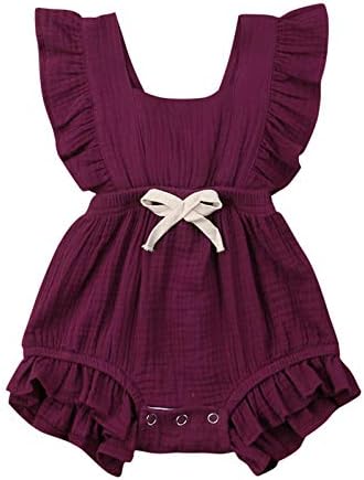 VISGOGO Toddler Baby Girl Ruffled Rompers Sleeveless Cotton Romper Bodysuit Jumpsuit Clothes (12-18 Months, Wine Red)