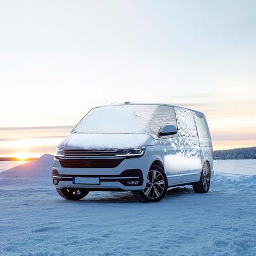 ASBHFC Volet Occultant Isotherme pour Camping-Car et Van Aménagé pour VW Transporter (T4 T5 T6 T7 1990-2025 2026), Couvre Pare-Brise Extérieur Toutes Saisons Contre Soleil Givre et Neige,White