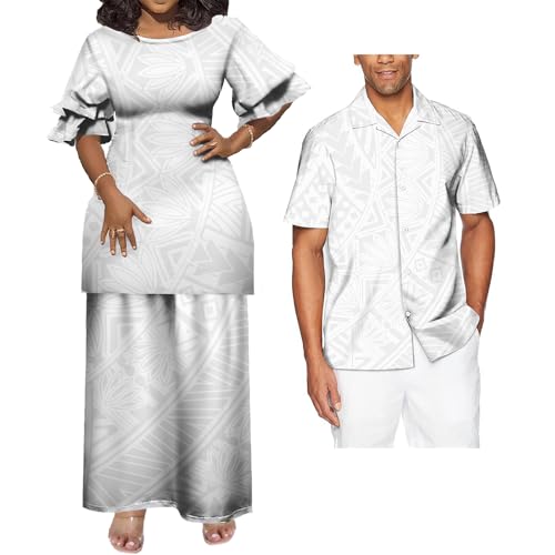 Gimrolush Polynesian Women's Dress Men's Shirt White Loose Puletasi Long Skirt Pacific Island Clothing