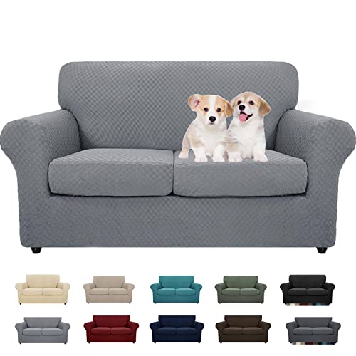 Maxijin 3 Piece Newest Jacquard Couch Covers For 2 Cushion Couch Stretch Non Slip Love Seat Couch Cover For Dogs Pet Friendly Elastic Furniture Protector Loveseat Slipcovers (Loveseat, Light Gray) #TOP29
