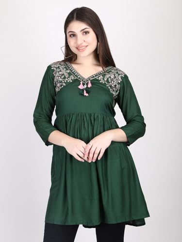 Image of VOMIRA Women Rayon Cotton Short Kurti Embroiderd Straight Kurta Women's Tunic Tops
