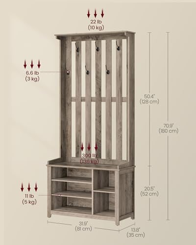 Image of VASAGLE Hall Tree with Bench and Shoe Storage, Coat Rack with Shoe Bench, 7 Double Hooks for Jackets, Hats, Entryway, Bedroom, Living Room, 13.8 x 31.9 x 70.9 Inches, Heather Greige UHSR414G01