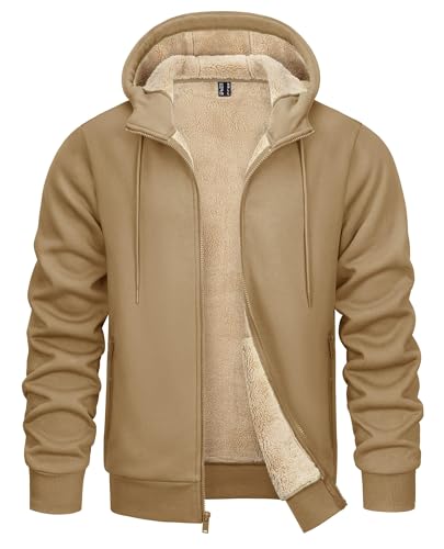 KEFITEVD Men's Zip Up Hoodies Fleece Sherpa Lined Jacket Windproof Hooded Sweatshirt Outwear with Pockets,Khaki,M