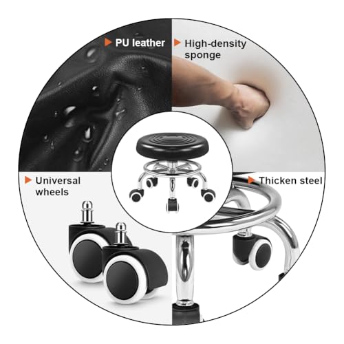 Image of KKTONER Black Roller Seat PU Leather Rolling Stools with Wheels Nail Stool for Home Work Office Shop Step Stool (Black)