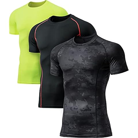 ATHLIO Men's Cool Dry Short Sleeve Compression Shirts, Sports Baselayer T-Shirts Tops, Athletic Workout Shirt, 3pack(bts02) - Utility Camo Black/Black/Neon, Medium Cover