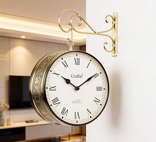 Image of CRAFTEL Double Sided Station Wall Clock Multi-Layer Electroplated | Both Side Roman Numerals | Aluminum Matte-Finish Dial Brass Body | Dial - 10 Inches, Shiny Gold | 365 Days Warranty