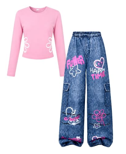 Image of Tween Girls Clothes 2 Piece Long Sleeve Top + Denim Cargo Pants, Teen Girls Fall Clothing Set, Sizes 7-16 Years