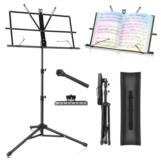 Music Stand New bee Foldable & Portable Metal Sheet Music Stand with Carrying Bag, Adjustable Podium Stand with Tripod Base and Sheet Music Folder - Black