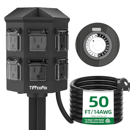 TiFFCOFiO Outdoor Power Strip Waterproof, 24 Hour Mechanical Timer, 50 ft Extension Cord, 6 Grounded Outlets for Outdoor Lights, ETL Listed (50 FT) by Tiffcofio - Used condition - US$58.05