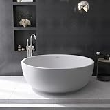MEDUNJESS 59'' Stone Resin Solid Surface Freestanding Bathtub,Round Bathtub，Modern Elegant Design Soaking Stand Alone Tub, Matte White, Drain and Overflow Included 005-1500