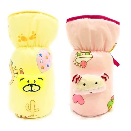 Image of Bottle Covers for Wide Neck /Broad Neck Soft Plush Stretchable Baby Feeding Bottle Cover with Strap for (250, 260, 330 ml Feeders (Multicolour) Pack of 2-Pink Yellow)