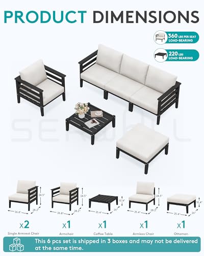 Image of SERWALL HDPE Patio Furniture Set, 6 Pieces Outdoor Sectional Sofa Set | All-Weather Wood-Like Outdoor Sofa Couch with Coffee Table, Modular Design for Flexible Combination