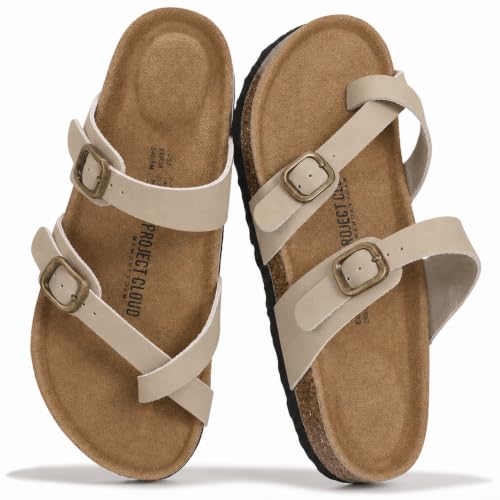 Image of Project Cloud 100% Genuine Leather Womens Sandals -Lightweight Womens Slides Memory Foam Insole & Cork Footbed Sandals Women - Non-Slip Beach Essentials Summer Sandals for Women 2026 (Lian)