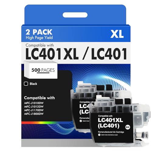 LC401XL LC401 MFC-J1010DW Black Ink Cartridges Compatible for Brother LC 401XL Ink Cartridges for Brother MFC-J1010DW MFC-J1170DW MFC-J1012DW MFC-J1800DW MFC-J1010DW Printer (High Yield, 2 Black Pack)