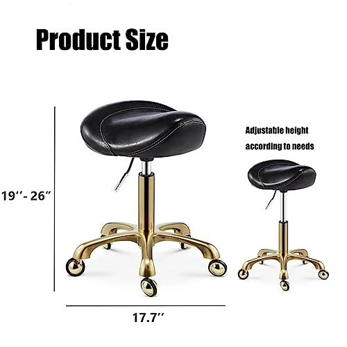 Master Saddle Stool With Wheels，Gas Lift Stool With Gold Frame Black Pu Synthetic Leather Seat，Adjustable Height 40-66 Cm，Supported Weight 160 Kg，Office Stool Ergonomicfor Tattoo Facial Massage Manic #TOP6