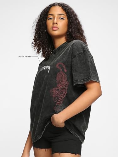 Image of Bewakoof Women's Being Cute is My Super Power Graphic Print 100% Cotton T-Shirt- Oversized Fit, Round Neck, Half Sleeve