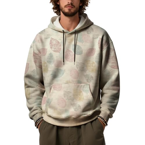 Leaves Graphic Hoodies for Men Long Sleeve Oversized Sweatshirts Fall Drawstring Winter Fleece Hoodie Tops With Pocket