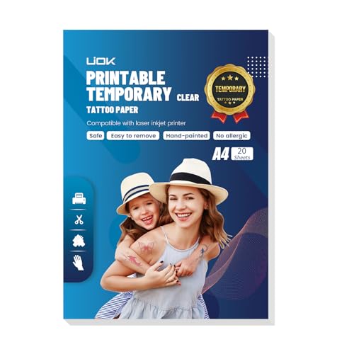 Papel de Tatuaje Temporal, Tatuajes Temporales Transparente A4X20 Hojas Papel para Transferir Tatuajes Imprimible, DIY Tatuaje Papel para Impresora de Inyección de Tinta y Láser