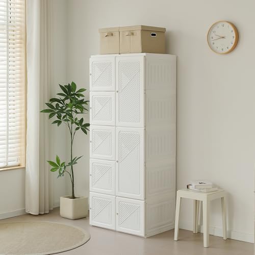 折りたたみ式ワードローブ 大容量収納 簡単組立 ホワイト扉付き 幅69cm高さ170cm ポリプロピレン製 省スペース設計 防塵機能 新生活衣類雑物収納キャビネット 洋服ダンス対応