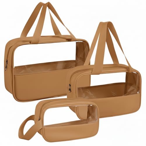Image of KBS Toiletry Kit Cosmetic Makeup Storage Organizer Clear Styilish Wash Bag Pouch Set of 3 for Travel Luggage Transparent with Metal Zipper Gift for Men Women Girls (Brown)