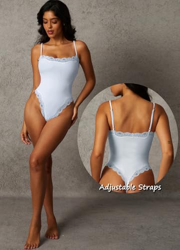 Image of Navneet Women Sexy Lace Bodysuit Lace Trim High Cut Thong Spaghetti Strap Cami Bodysuit Going Out Tank Tops Body Suit