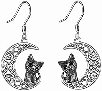 POPLYKE Cat on Moon Dangle Drop Earrings Cat Earrings for Women Sterling Silver Black Cat gifts for cat lover