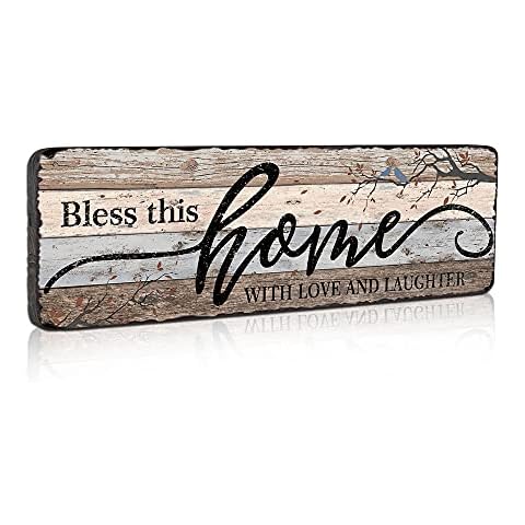 Tiancentral Home Sign Wall Decorations for Living Room Bless - This Home with Love and Laughter - Family Wall Decor Signs for Kitchen Bedroom Dining Room 16x5 Inches Cover