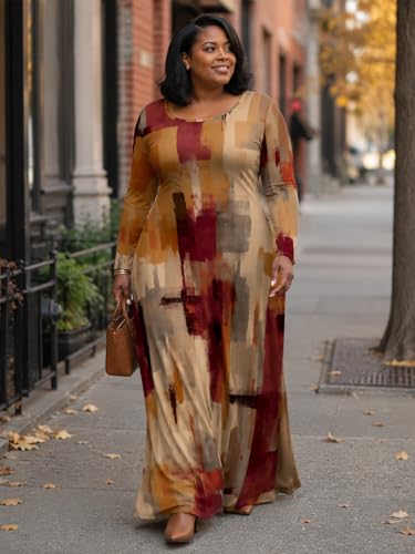 Image of PinkPatty Plus Size Maxi Dress for Curvy Women Crew Neck Long Sleeves Casual Dress Vacation Sundresses with Pockets