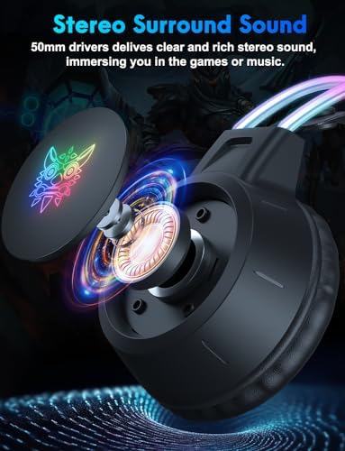 ONITOON Lightweight Gaming Headset, RGB Lighting, Wired Over Ear Headphones with Mic for PC Laptop PS4 PS5 Switch, Stereo Surround Sound, Self-Adjusting Headband, Black Cat Ear - 2