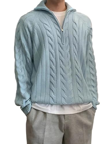 Pullover Sweaters for Men Zip-Up Partial Placket Raglan Sleeve Sweater