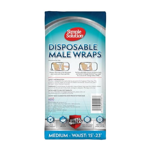 Image of Simple Solution Disposable Male Wraps, Absorbent Leak Proof Belly Bands for Dogs,Incontinence Aid,Puppy Training,Marking Control, and Travel Protection,Medium Dogs, 15-23 inch Waist,30 Count(Pack of 4)