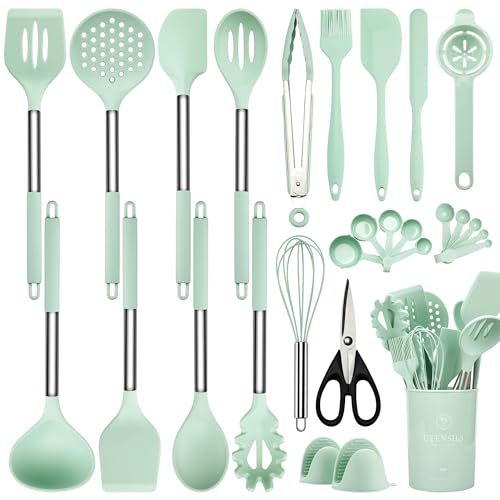 NCUE Kitchen Utensils Set, 28 Pcs Silicone Cooking Utensils Set with Holder, Spatula Set, Silicone Whisk, Measuring Cups and Spoons Set with Stainless Steel Handle Kitchen Gadgets (Light Green)