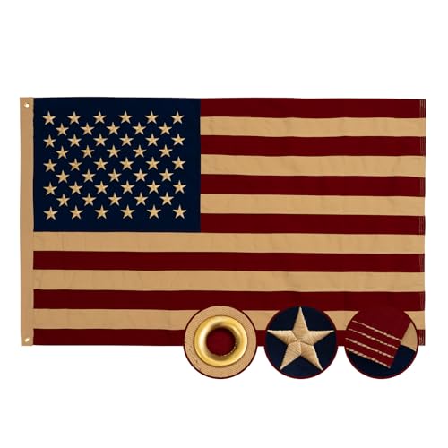 Vintage American Flag 3x5 Ft Cotton Outdoor Heavy Duty, Embroidered Tea Stained American Flag, Antiqued Old USA Flags with 2 Brass Grommets