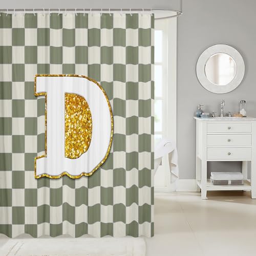 Image of Erosebridal Sage Green Checkered Shower Curtain 72 inch Wx84 L Plaid Initial D Bathroom Curtain Personalized Monogram Bathroom Accessories for Kids Adults,Fashion Grids Gingham Shower Decor