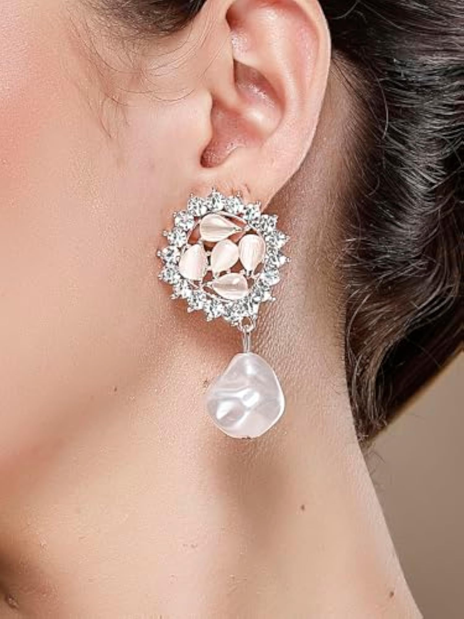 Gold-Plated Pearl & American Diamond Studded Drop Earrings
