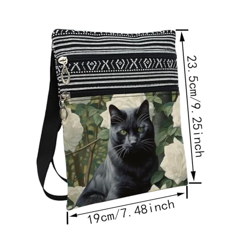 Camellia Black Cat Messenger Bag Small Ethnic Pattern Printed Adjustable Strap Crossbody Zipper Bag Camellia Black Cat Phone Bag Wallet Cute Shoulder Handbag for Women2