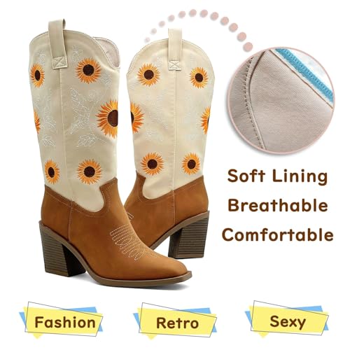 Western Cowboy Boots for Women Mid Calf Cowgirl Boots with Classic Sunflower Embroidered Slip On Square Toe Chunky High Heels Fashion Retro Pull-On Boot for Girls Ladies Fall & Winter4