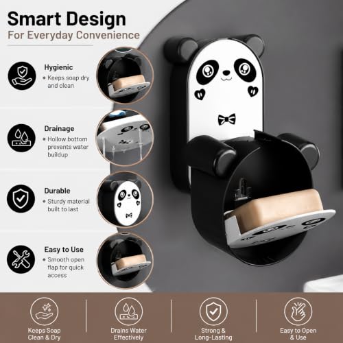 Image of Wall Mounted Panda Soap Holder with Drain Tray, Self Adhesive Soap Box Case, Flip-Top Soap Storage Container, Waterproof ABS Plastic Soap Dish for Bathroom, Kitchen & Wash Basin