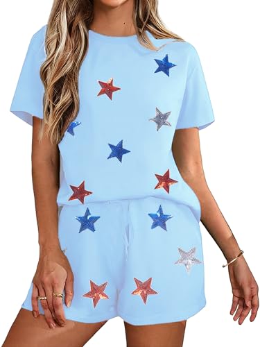 Image of VILOVE 4th of July 2 Piece Sequin Outfits Women 250 Anniversary Usa Shirts and Short Sets Casual Patriotic Shirt Summer Set