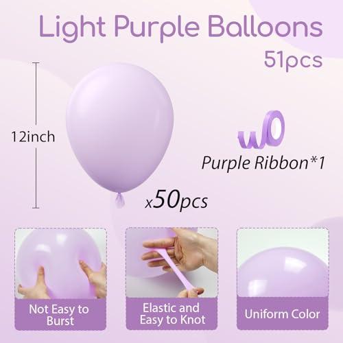 Image of Light Purple Balloons 12 inch, Pastel Purple Latex 50pcs Party Balloons | Wedding, Baby Shower, Gender Reveal, Birthday Party Decorations