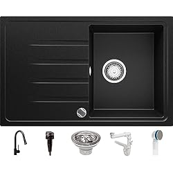Fregadero Imitacion Piedra Fregadero Negro 78 x 50 cm, Fregadero Granito Un Seno + Grifo + Sifón Automático, Fregadero Empotrado con Escurridor Milán de Primagran