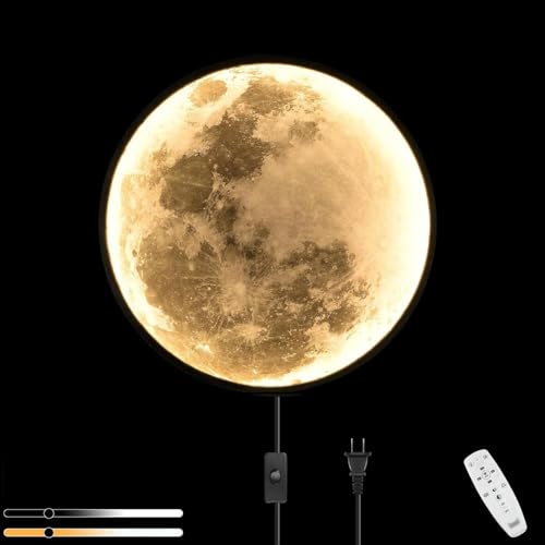 LOGT LED Mond Wandleuchte Fernbedienung Dimmbar Rund Mond Lampe Wand mit Schalter und Kabel Stecker Wandlampe Innen Deko Wandbeleuchtung Design Nachttischlampe für Schlafzimmer Wohnzimmer