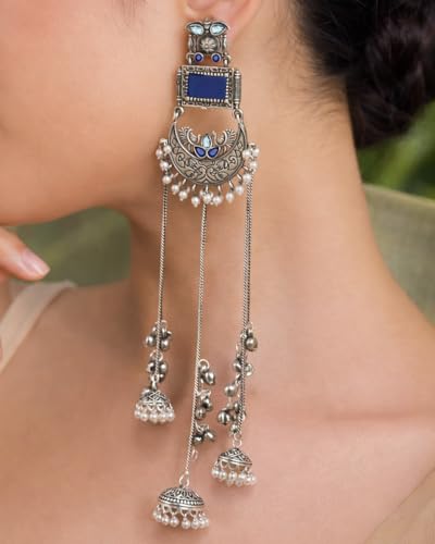 Image of Kashmiri Earrings for Women |Square Stone Fan Chain Earring | Ethnic Oxidised Silver Long Chain for Girls Bridal Festive |Gift for Girls Women