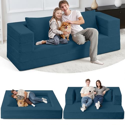 Catálogo de Sofa Cama Azul los más solicitados. 50 Cansunna - Sillón tipo puf plegable para adultos, sofá puf 3 en 1 de piel sintética, sofá cama grande convertible con almohada para recámara, sala de estar y apartamento...