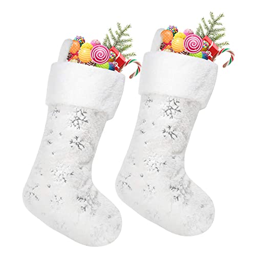 Decpro 2 Calcetines navideños 46cm Grandes Copos de Nieve de imitación Peludos de Navidad Medias Tradicionales con Lentejuelas para Navidad, Adornos de Chimenea, decoración de Fiesta Cover