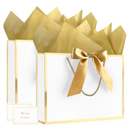 Image of JMANNI Gift Bags with Handles, 11 inch Small Gift Bags with Tissue Paper | 2 Pcs White Bags, 4 Tissue Paper and 2 Cards, for Baby Shower, Wedding Bridal Shower, Birthday Party