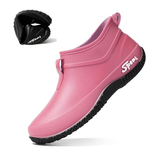 OXNGDMDM Women's Rubber Flat Low Top Rain Boot Fashion Round Wide Toe Waterproof Lug Sole Anti-Slip Slip on Deck Garden Shoes for Boating Camping Farming Outdoor Work (Pink,5)