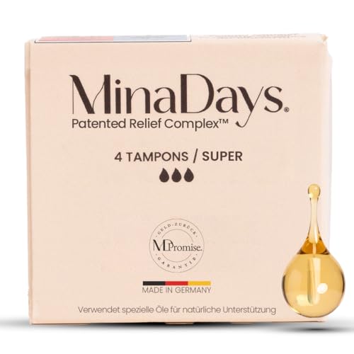 MinaDays® Tampons mit organischem Patented Relief Complex – unterstützt bei Periodenkrämpfen & steigert Wohlbefinden – Made in Germany & zertifiziert (Super 4er Pack)