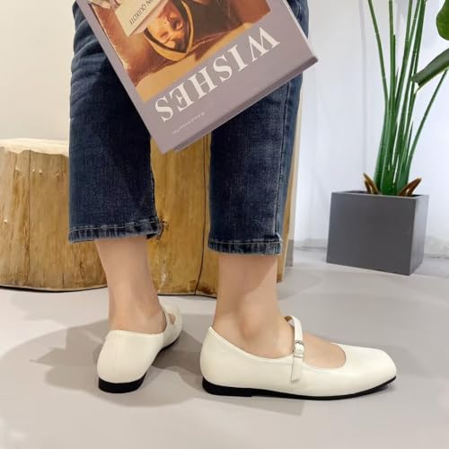 Image of TN TANGNEST Leather Flats for Women Retro Mary Jane Flats | Comfortable Square Toe Slip On Flats with Buckle Strap, Soft Work Flats Office Shoes
