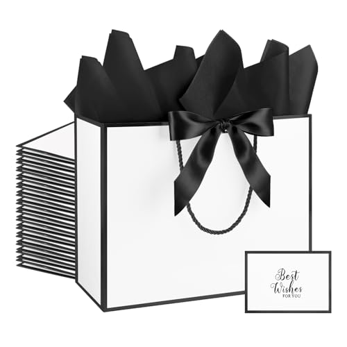 Addblu 12 Pack Large White Gift Bags with Handles 12.6x10x4 Includes 36 Tissue Papers Bow Ribbon & Cards for Wedding Birthday Bridesmaid Groomsmen Valentines Day Easter (White and Black 12pcs)